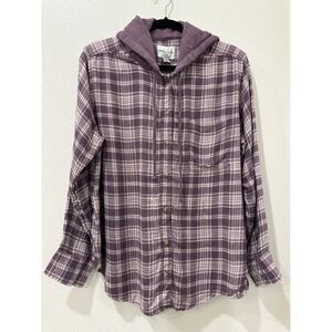 American Eagle Womens Purple Plaid Hooded Flannel Shirt Small Long Sleeve Button